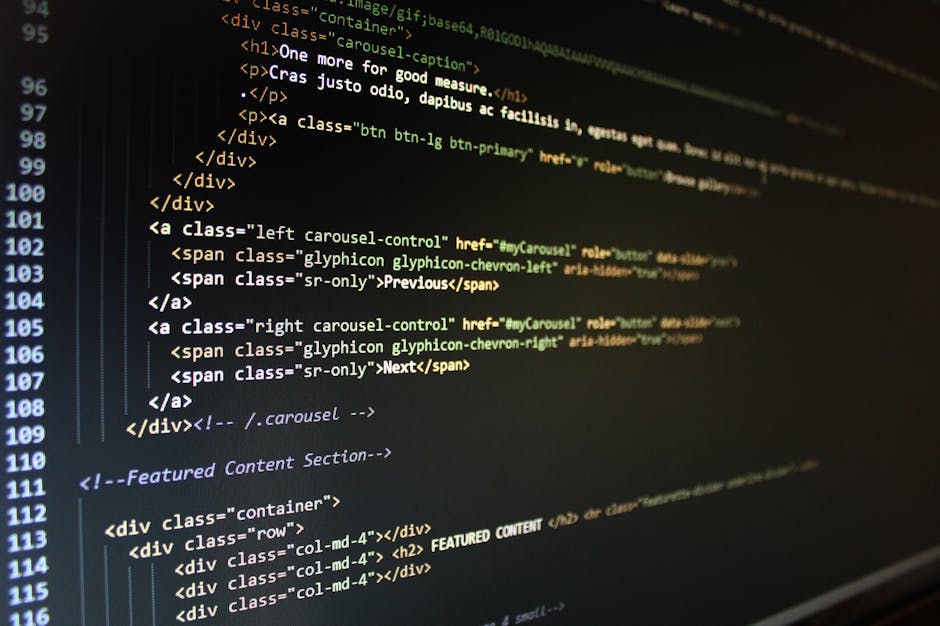 Close-up of a computer screen displaying HTML code with multicolored syntax highlighting, including tags such as <div>, <span>, and <a>. The code snippets indicate website navigation elements like car